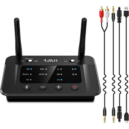 Transmitator si receptor Bluetooth 5.3, adaptor wireless aptX HD cu latenta scazuta, conectare doua dispozitive simultan, mod bypass, raza de actiune 70 metri, multifunctional, negru