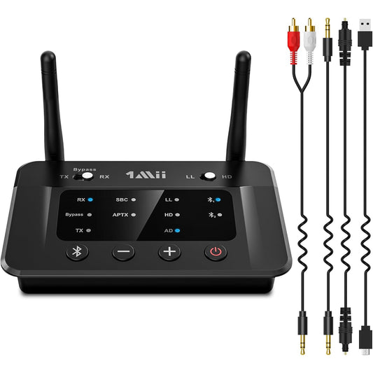 Transmitator si receptor Bluetooth 5.3, adaptor wireless aptX HD cu latenta scazuta, conectare doua dispozitive simultan, mod bypass, raza de actiune 70 metri, multifunctional, negru