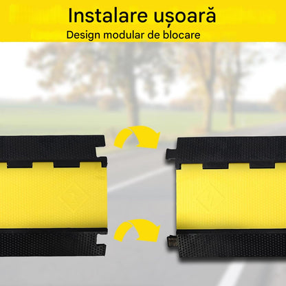 Rampa de protectie cabluri cu 5 canale 91 x 50 x 5 cm, capacitate 3000 kg, din cauciuc cu capac din plastic si design modular, pentru casa, parcari, garaje, depozite, negru