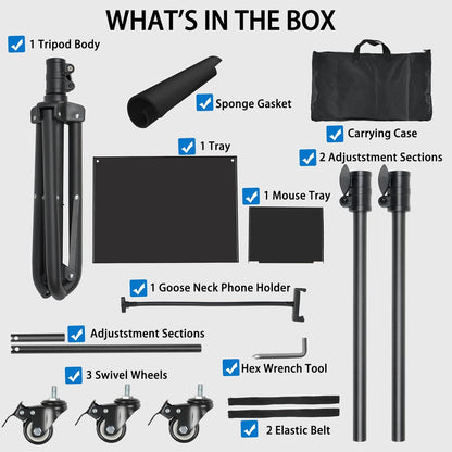 Suport mobil pentru videoproiector/laptop, stand cu inaltime reglabila 66-160 cm, suport smartphone, capacitate 10 kg, din metal, tava rotativa 360°, pentru proiector, tableta, mixer, laptop, partitura, negru