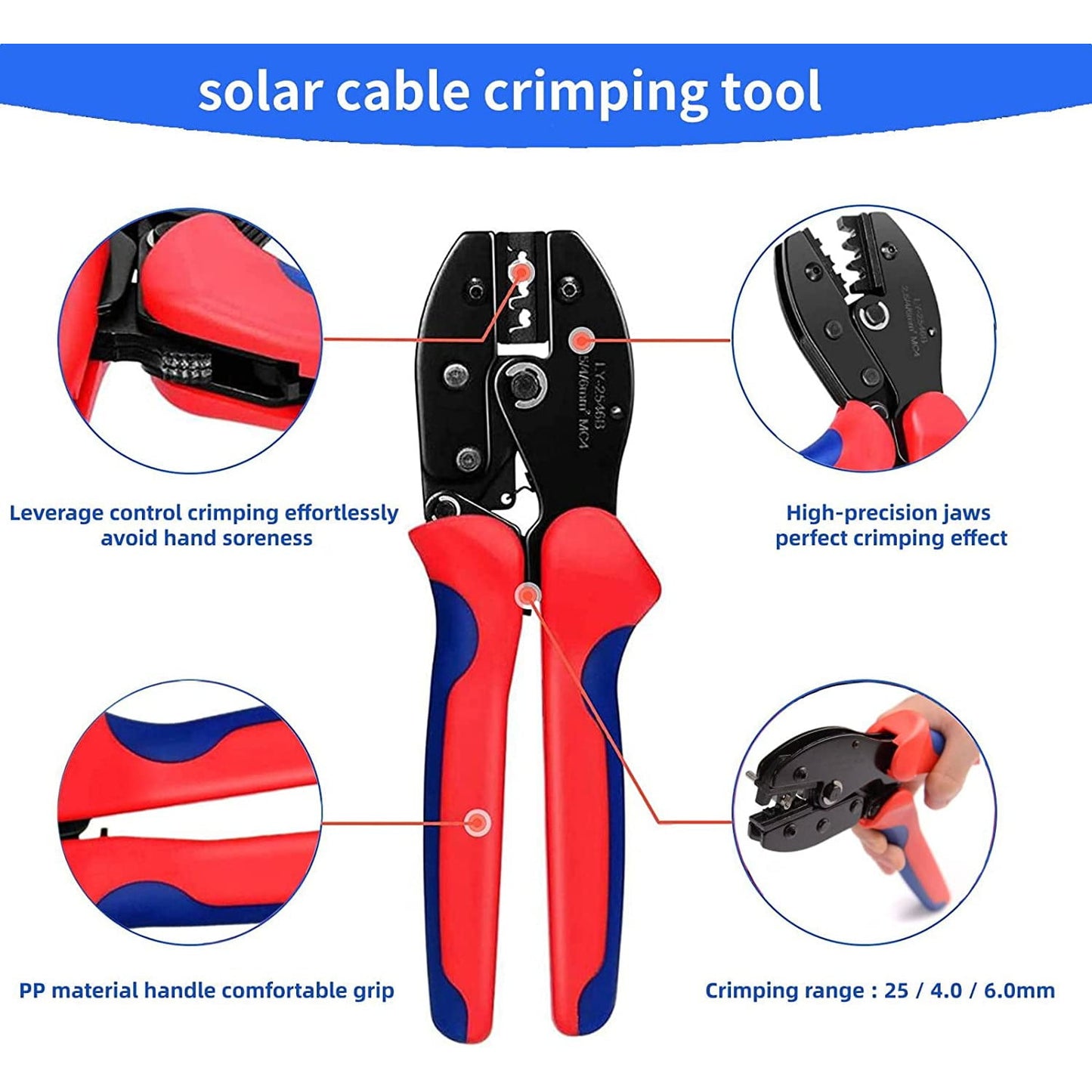 Kit de sertizare conectori cablu solar 4-6 mm², pentru panouri solare, cu 6 perechi conectori MC4 tata/mama, cleste de sertizare, chei pentru conector, cu husa de depozitare si transport
