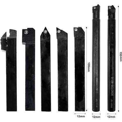 Set cutite de strung cu placute amovibile, 7 pese de strunjit cu insertii din carbura 12 mm cu bara de gaurit si 7 chei T8