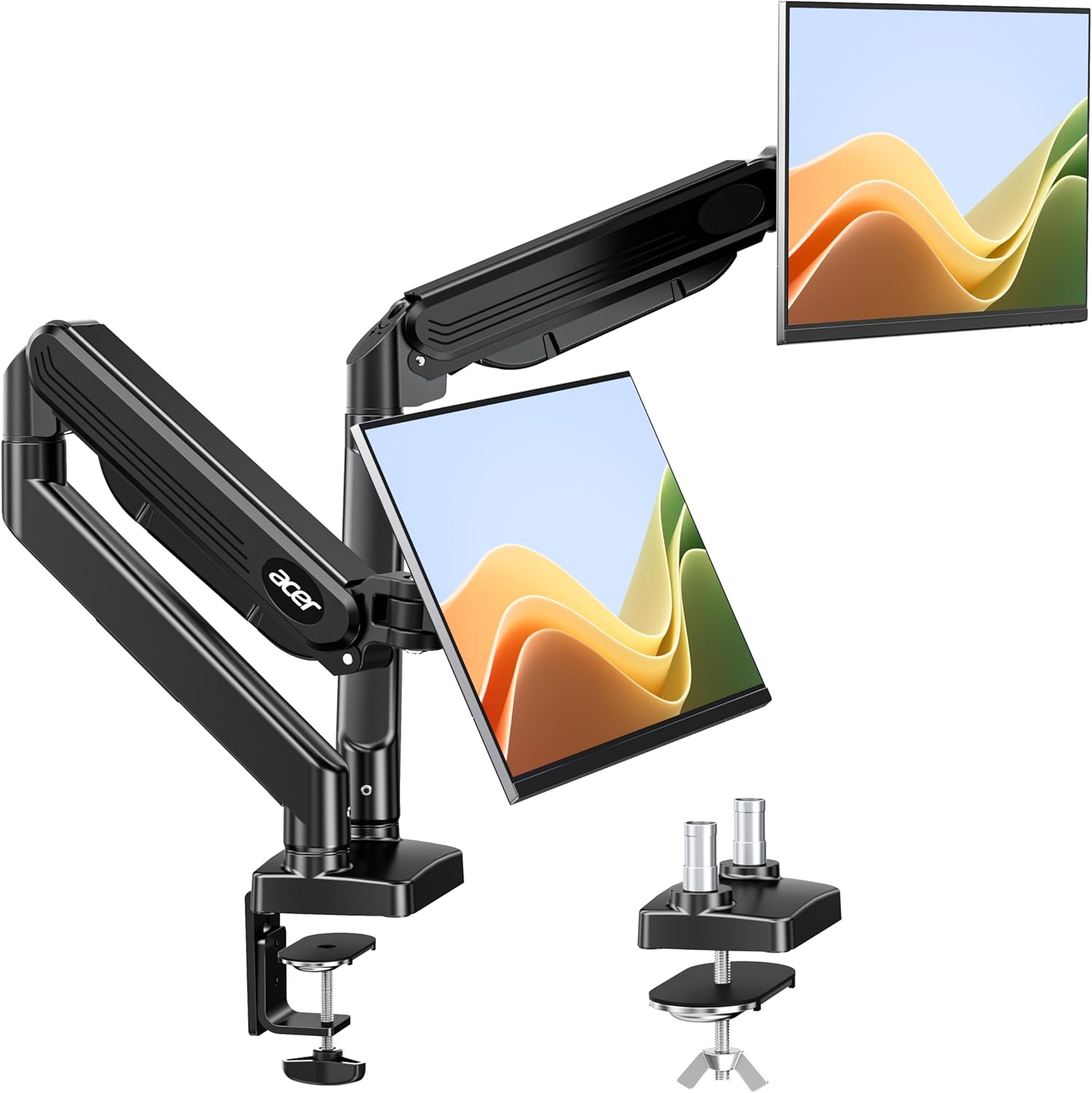 Suport dublu monitor Acer 17–32 inch, brat dublu ergonomic cu arc pe gaz, aluminiu, 2–9 kg/ecran, reglare inaltime 46 cm, extensie 54 cm, inclinare -60°/+90°, rotire 360°, VESA 75/100, montaj birou, gestionare cabluri
