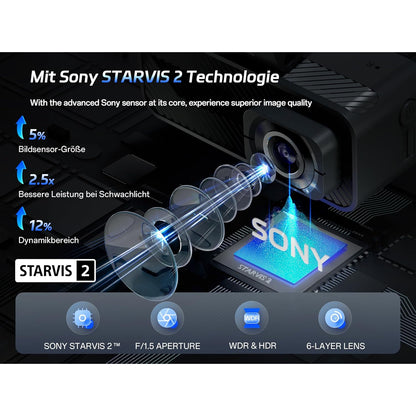 Camera auto Pelsee P1 Pro Dual 4K UHD Fata + 1080P spate, Sony STARVIS 2, unghi 170°, HDR/WDR, ADAS, senzor G, GPS integrat, WiFi Dual Band 2.4/5.8GHz, vedere nocturna color, monitorizare parcare 24H, ecran IPS 3.39”, card SD 64GB