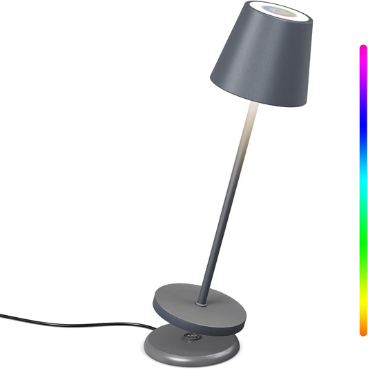 Lampa de masa LED RGB cu statie de incarcare, buton cu touch, dimabila, impermeabila IP54, pentru interior si exterior, hotel, restaurant, terasa, casa, gradina