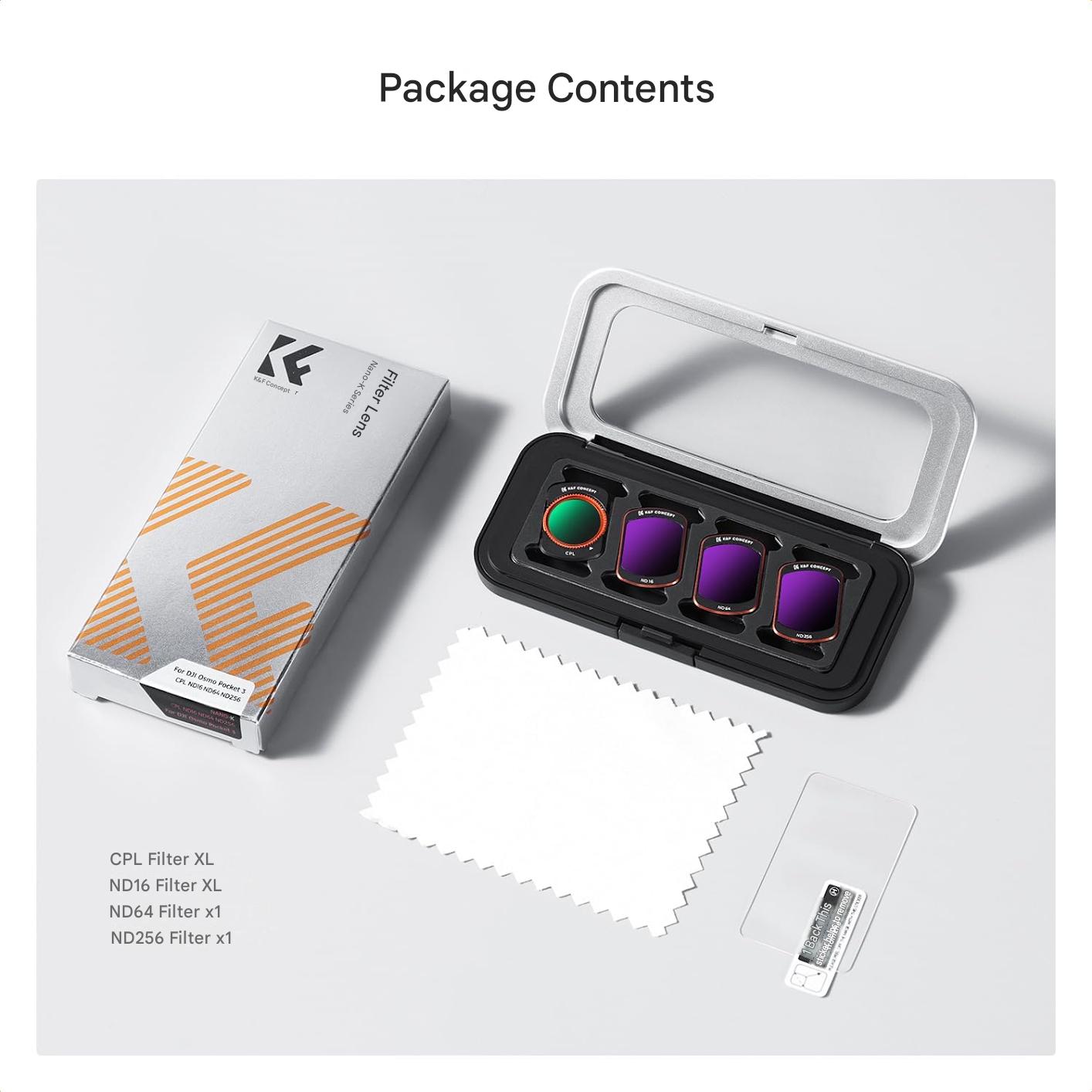 Set filtre magnetice K&F CONCEPT FD161 pentru DJI Osmo Pocket 3/4, 4 buc CPL, ND16, ND64, ND512, sticla optica, cadru aluminiu, montare magnetica rapida, reduc reflexii, control lumina, accesorii profesionale foto-video gimbal DJI