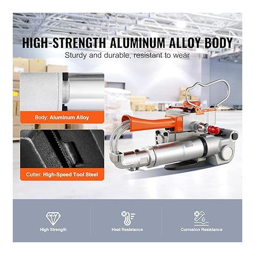 Aparat pneumatic de legat banda PP/PET, latime 12, 7-19 mm, forta mare intindere 3500N, presiune 0, 5-0, 8 MPa, pentru hartie, aluminiu, otel, lemn, fibre chimice, bumbac, panouri din lemn, marmura, caramizi