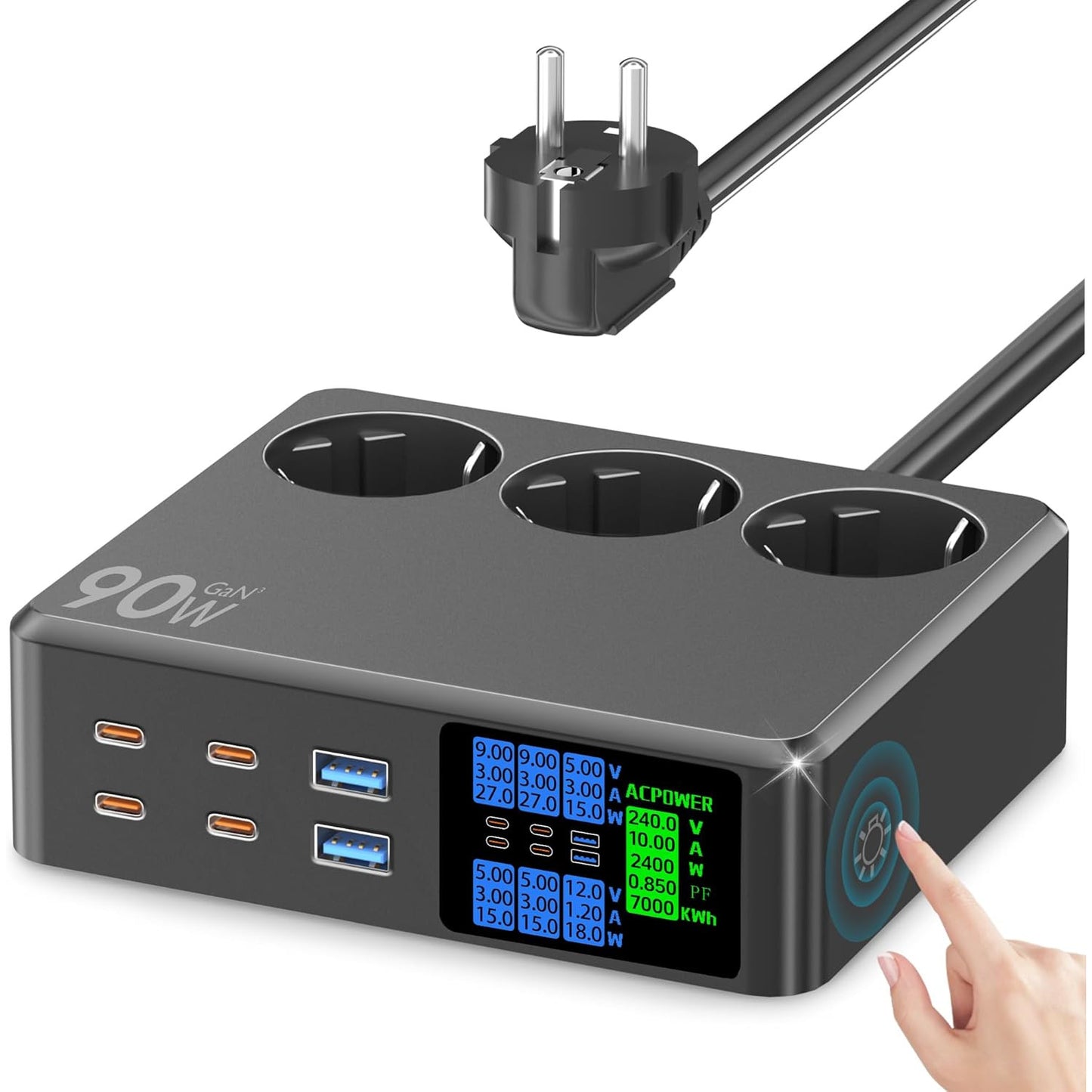 Prelungitor 9 in 1 cu 3 prize, 4x USB-C si 2x USB-A, 2500 W, incarcare rapida 90W PD, display LED, protectie supratensiune, cablu 1.2 m, negru