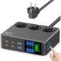 Prelungitor 9 in 1 cu 3 prize, 4x USB-C si 2x USB-A, 2500 W, incarcare rapida 90W PD, display LED, protectie supratensiune, cablu 1.2 m, negru