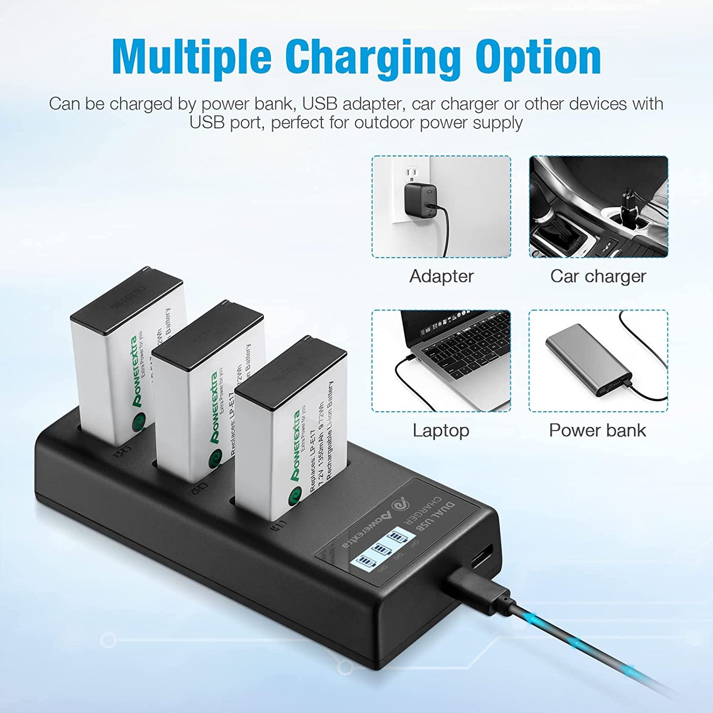 Set de 3 acumulatori LP-E17 1350 mAh 7.2 V cu incarcator triplu cu afisaj LCD, pentru Canon EOS 77D 200D 750D 760D 800D M3 M5 M6