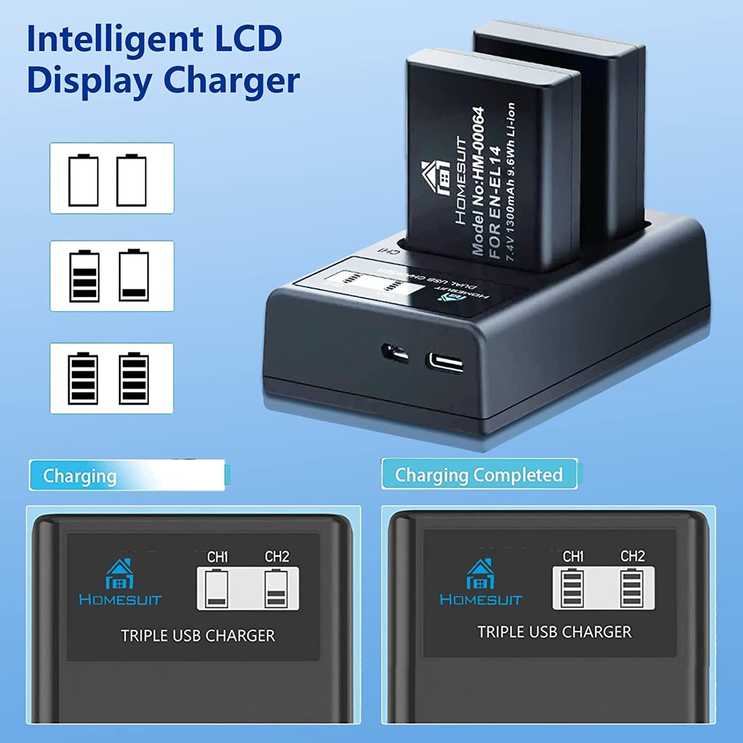 Set de 2 acumulatori EN-EL14 1300 mAh cu incarcator dual cu display LCD, pentru Nikon D5600, D3300, D3500, D5100, D5500, D3100, D3200, D5200, D5300, Coolpix P7000, P71000000, P710000, P710000, P71000, P710000, P7070