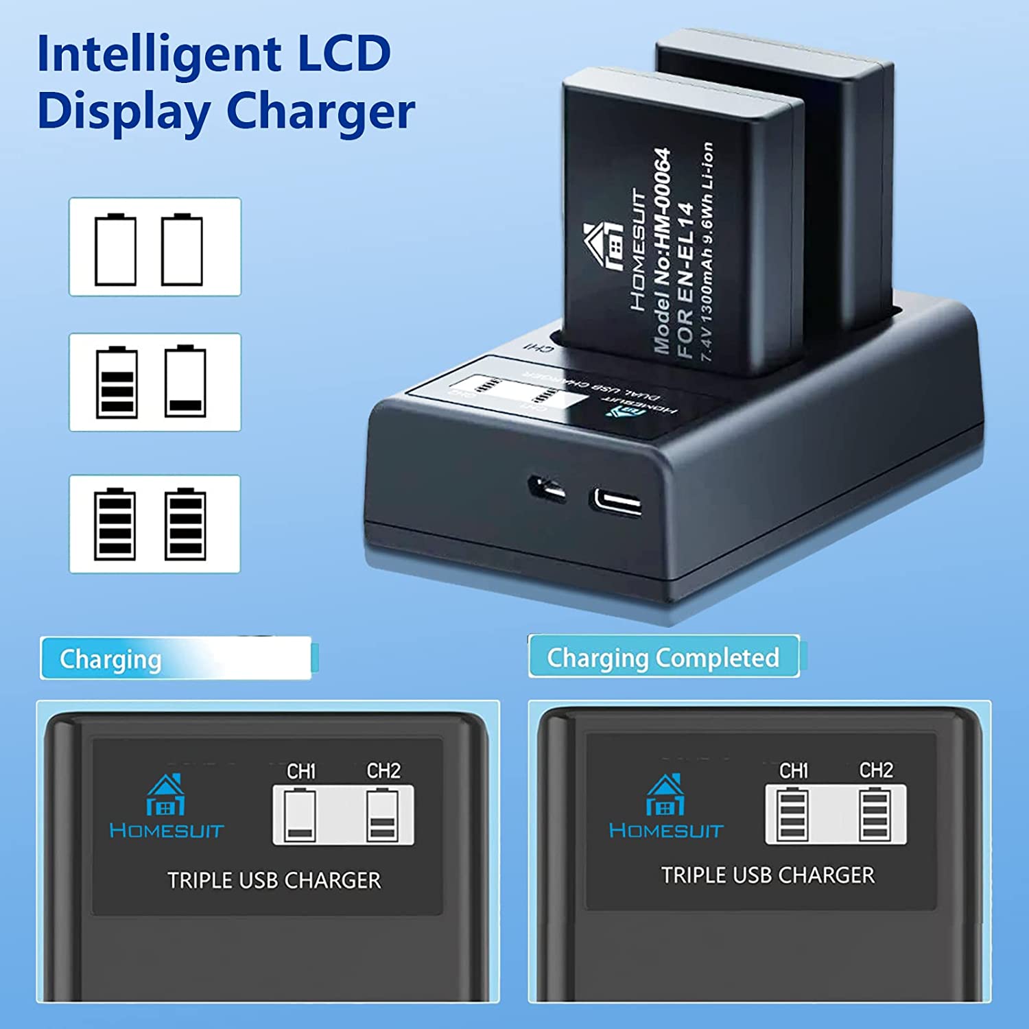 Set de 2 acumulatori EN-EL14 1300 mAh cu incarcator dual cu display LCD, pentru Nikon D5600, D3300, D3500, D5100, D5500, D3100, D3200, D5200, D5300, Coolpix P7000, P71000000, P710000, P710000, P71000, P710000, P7070