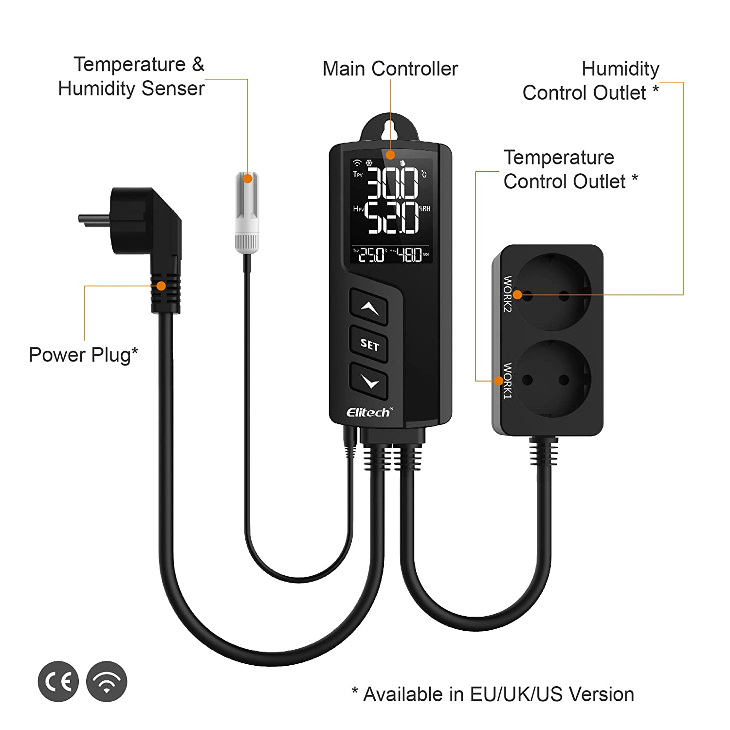 Priza smart, termostat digital Wi-Fi, controler temperatura si umiditate cu 2 iesiri, comutator racire si incalzire, control prin aplicatie, sonda 2 in 1, STC-1000PROTH