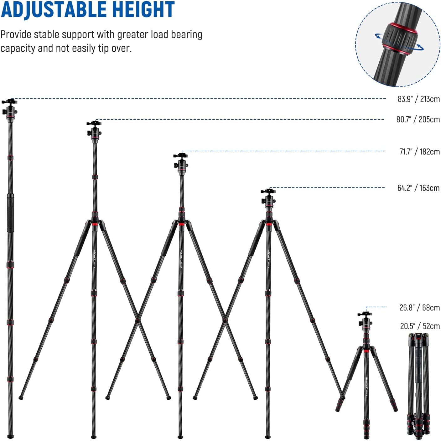 Trepied 2 in 1 monopied din fibra de carbon de 205 cm, cu cap bila 360° cu patina quick release tip arca 6,35 mm, inaltime reglabila 68 cm - 205 cm, greutate maxima suportata 12 kg, Neewer N55 CR