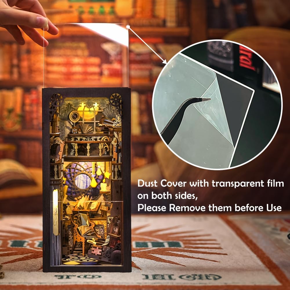 Puzzle 3D Cotor de carte DIY, Magician, Cu lumini LED, 282 piese, Book Nook Magic Pharmacist, Cutebee