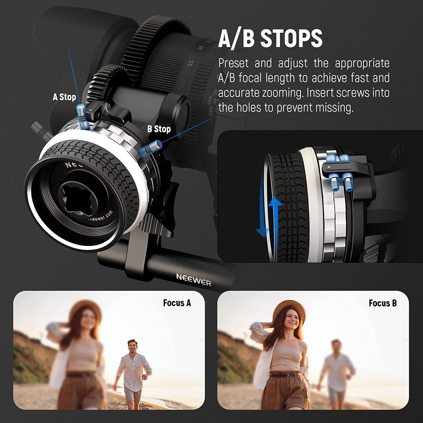 Adaptor follow focus mini pentru obiectiv de pana la 114 mm, cu tija de 15 mm si clema, cu opritoare A/B, pentru cage, camera foto mirrorless, DSLR, Neewer PG001