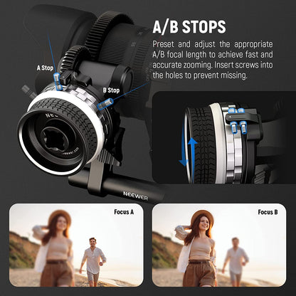 Adaptor follow focus mini pentru obiectiv de pana la 114 mm, cu tija de 15 mm si clema, cu opritoare A/B, pentru cage, camera foto mirrorless, DSLR, Neewer PG001