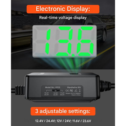 Kit cablu USB-C pentru camera de bord VanTrue, alimentare fixa hardwire 12V/24V la 5V, mod parcare 24/7, protectie la descarcare baterie, afisaj tensiune in timp real, compatibil dashcam si GPS