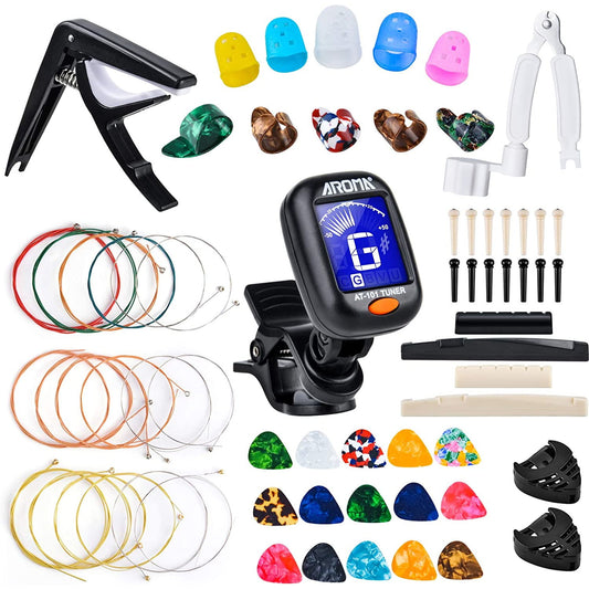 Set accesorii chitara cu 66 de piese, cu acordor, capodastru, pene, corzi pentru chitara, pini, 5 protectii degete din silicon