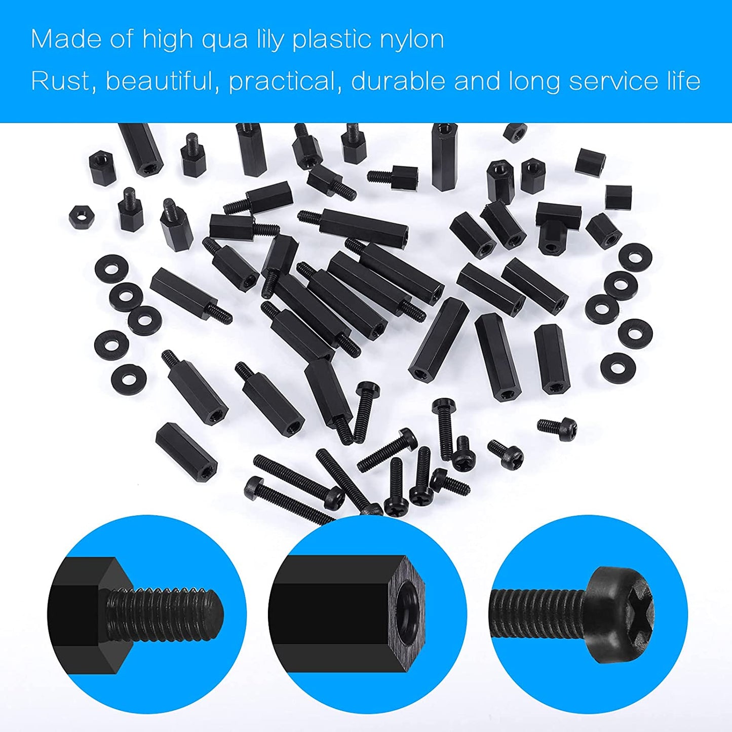 Set distantiere M3 hexagonale din Nylon, mama-mama si mama-tata, cu suruburi, saibe si piulite din plastic, cu cutie de depozitare, negre