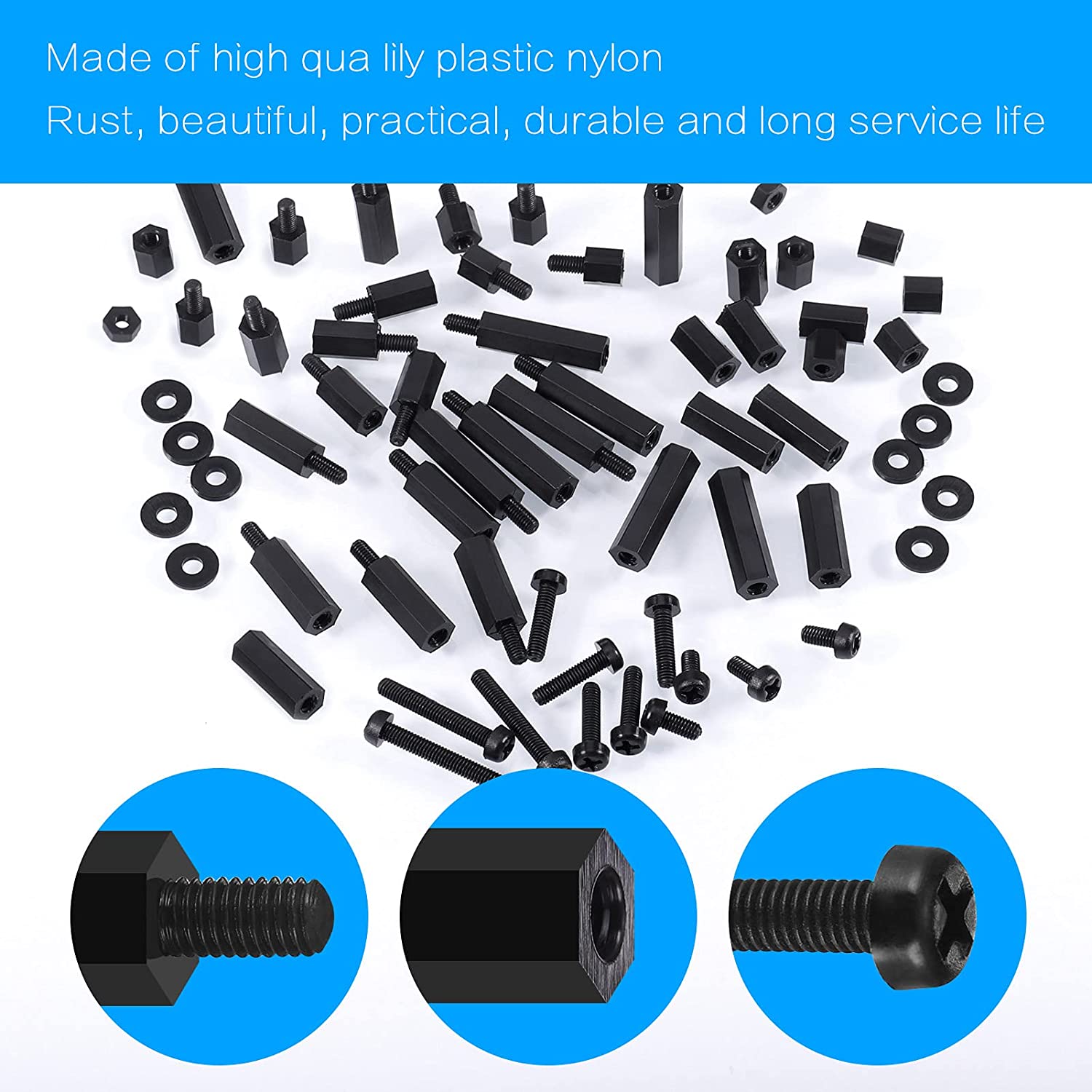Set distantiere M3 hexagonale din Nylon, mama-mama si mama-tata, cu suruburi, saibe si piulite din plastic, cu cutie de depozitare, negre