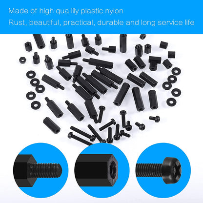Set distantiere M3 hexagonale din Nylon, mama-mama si mama-tata, cu suruburi, saibe si piulite din plastic, cu cutie de depozitare, negre