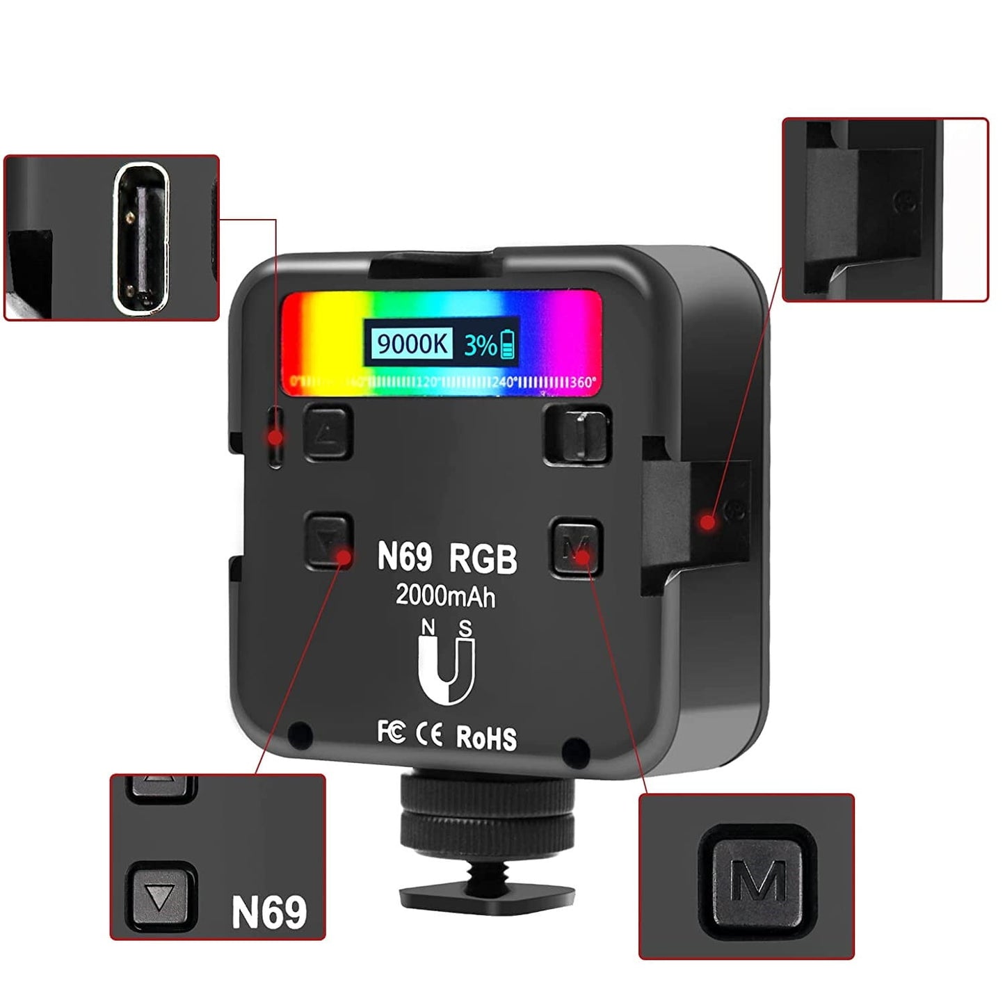 Lumina LED RGB foto-video, reglabila 2500-9000 K, magnetica, cu baterie 2000 mAh, cu filet 1/4 si Cold Shoe Mount, pentru smartphone, GoPro, DSLR