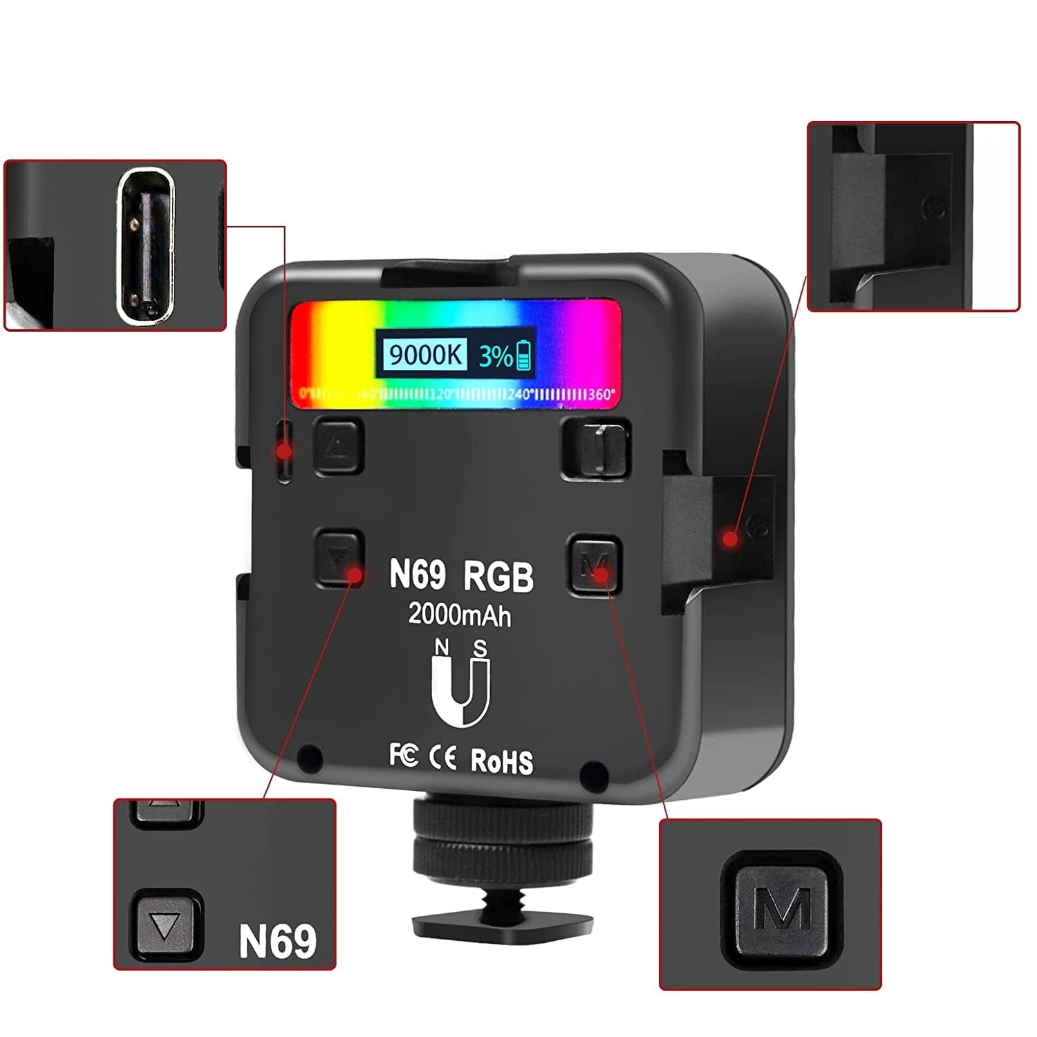 Lumina LED RGB foto-video, reglabila 2500-9000 K, magnetica, cu baterie 2000 mAh, cu filet 1/4 si Cold Shoe Mount, pentru smartphone, GoPro, DSLR
