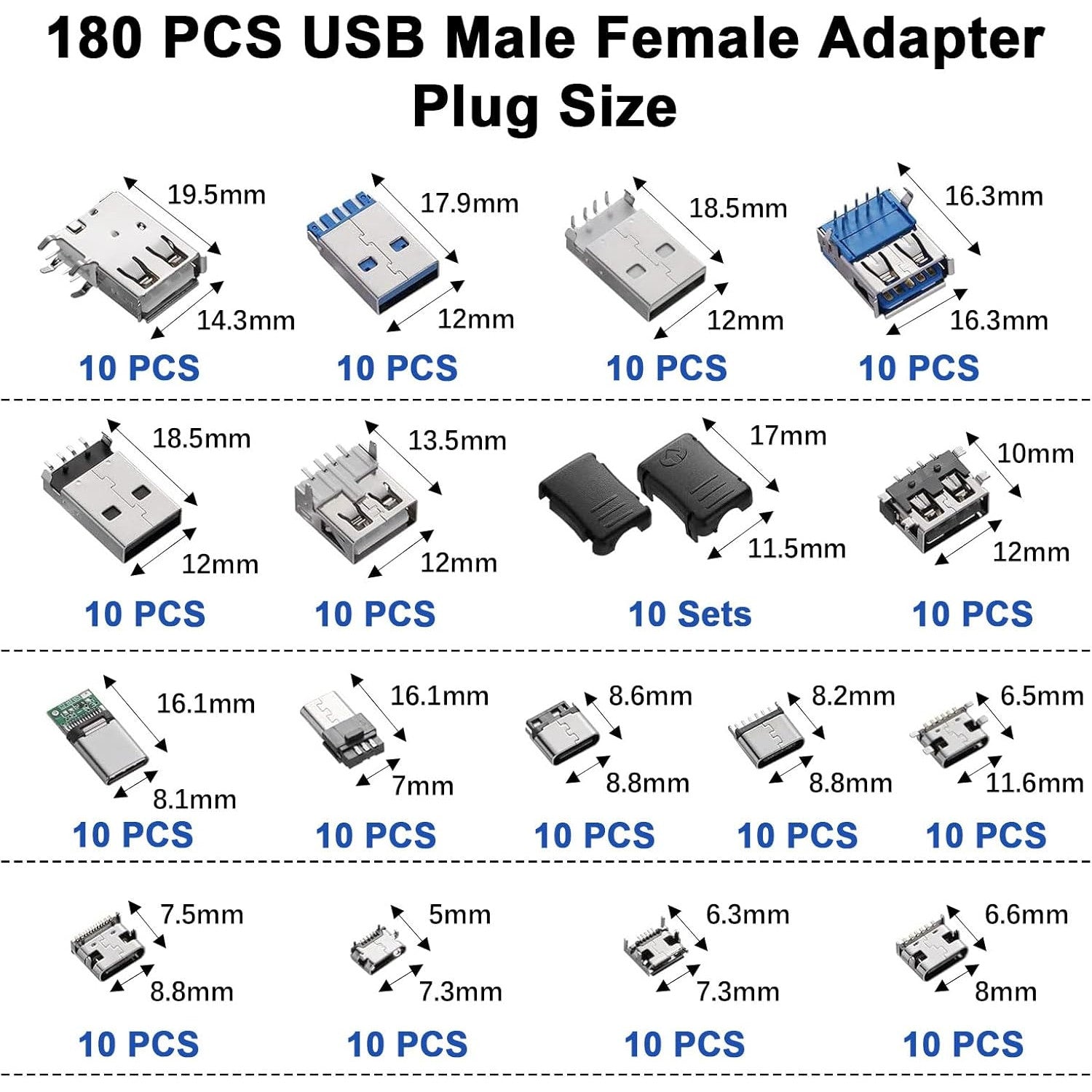 Kit adaptoare USB A/C/Micro USB 180 piese AYWHP, USB 2.0 si 3.0, conectori mascul/femela pentru lipire si reparatii electronice DIY, compatibil PC, Laptop si dispozitive mobile
