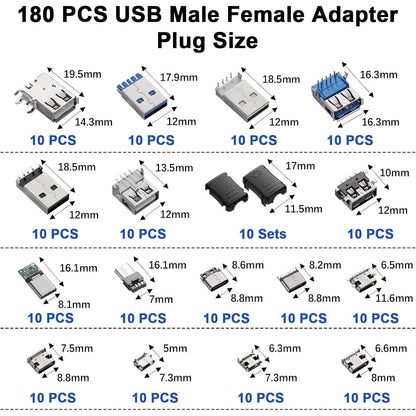 Kit adaptoare USB A/C/Micro USB 180 piese AYWHP, USB 2.0 si 3.0, conectori mascul/femela pentru lipire si reparatii electronice DIY, compatibil PC, Laptop si dispozitive mobile