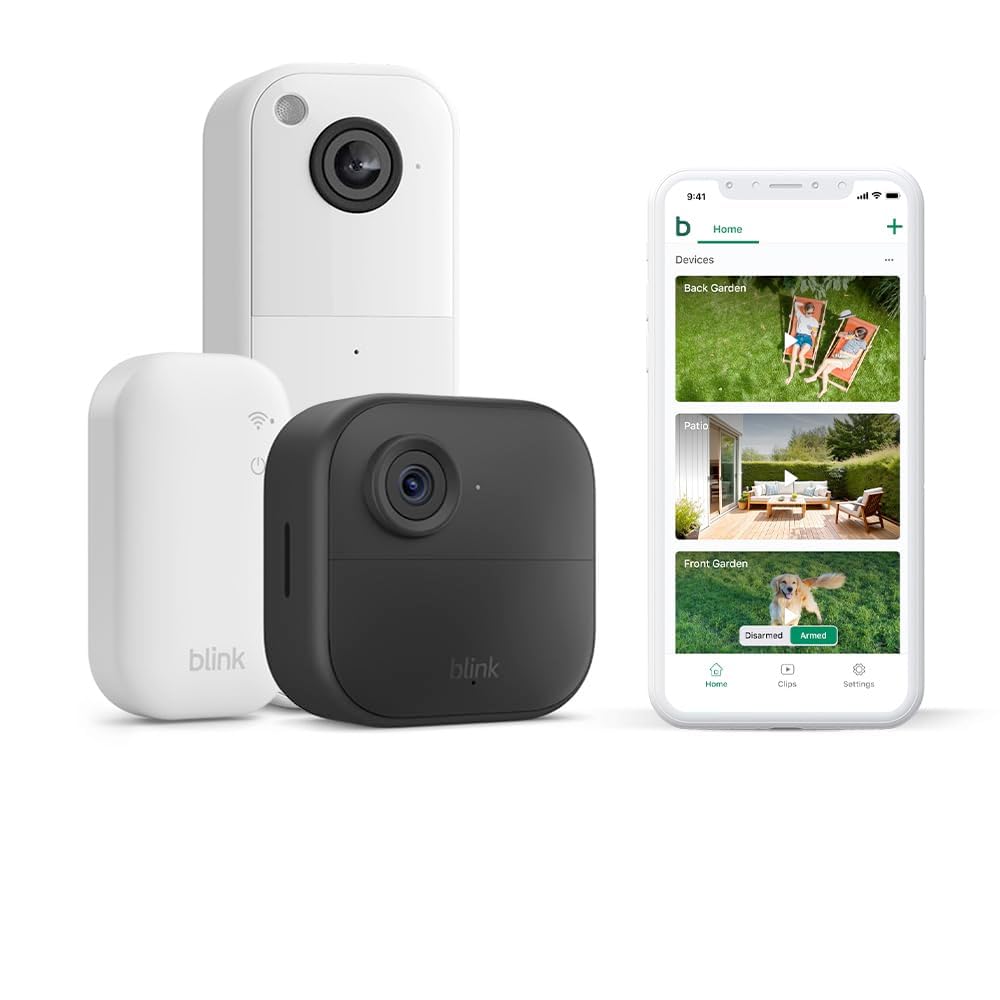 Set camera de supraveghere Blink Outdoor 4 + sonerie video Blink, Wireless, 1080p HD, compatibil Alexa, vedere nocturna IR, audio bidirectional, detectare miscare, baterie pana la 2 ani, IP65, modul de sincronizare inclus