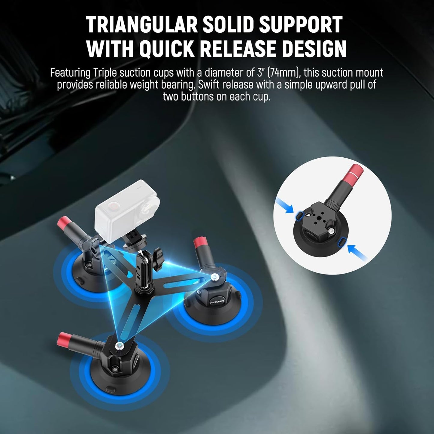 Suport auto cu 3 ventuze pentru camera de actiune si telefon, cu montura cap bila rotativa 360°, sistem eliberare rapida, pentru GoPro, DJI Osmo, Insta360, iPhone, Samsung, negru