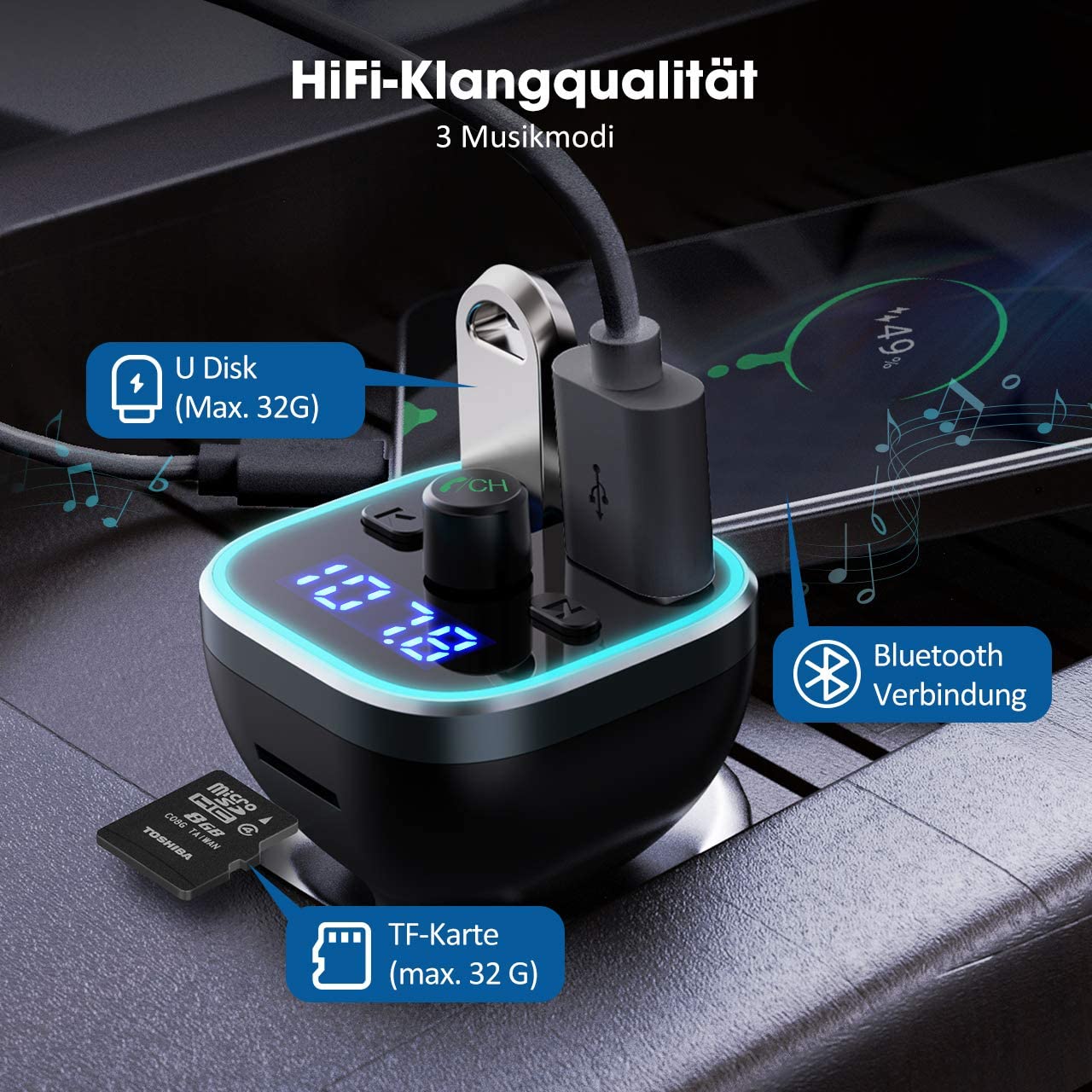 Modulator FM Bluetooth 5.0 , Transmitator FM , Quick Charge 3.0 ,LED , MP3 player, Aux In, FM kit, USB 2.4A, QC3.0 , micro SD, Stick USB