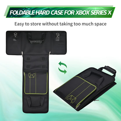 Geanta pentru Xbox Series X/S, cu skin controller, pliabila, cu pereti rigizi, maner si curea de umar, rezistenta la socuri, design ergonomic, pentru consola si accesorii, neagra