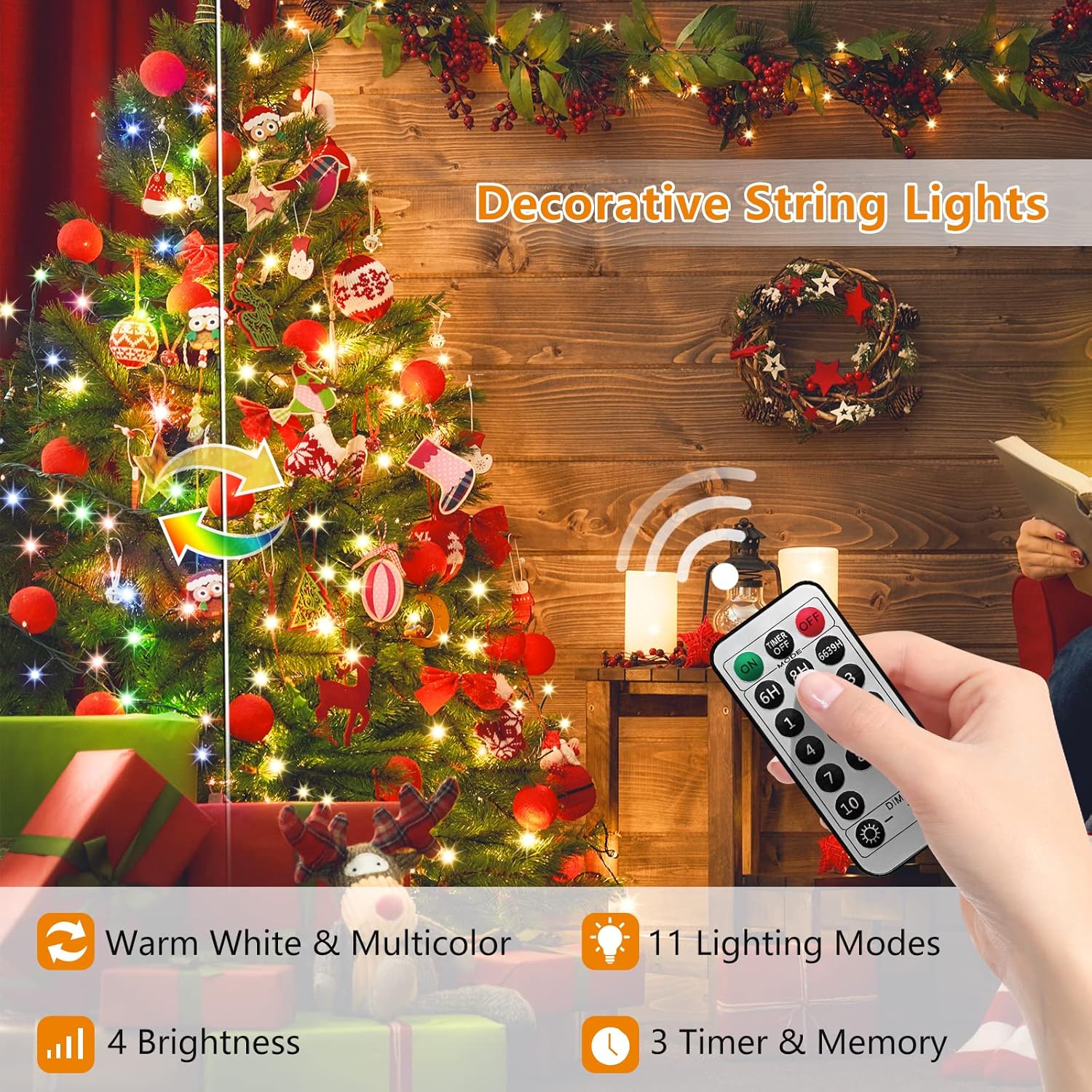 Instalatie brad Craciun LED pentru interior si exterior, de 20 metri, cu telecomanda, alb cald si multicolor, luminozitate reglabila, 11 moduri iluminare, impermeabil IP44