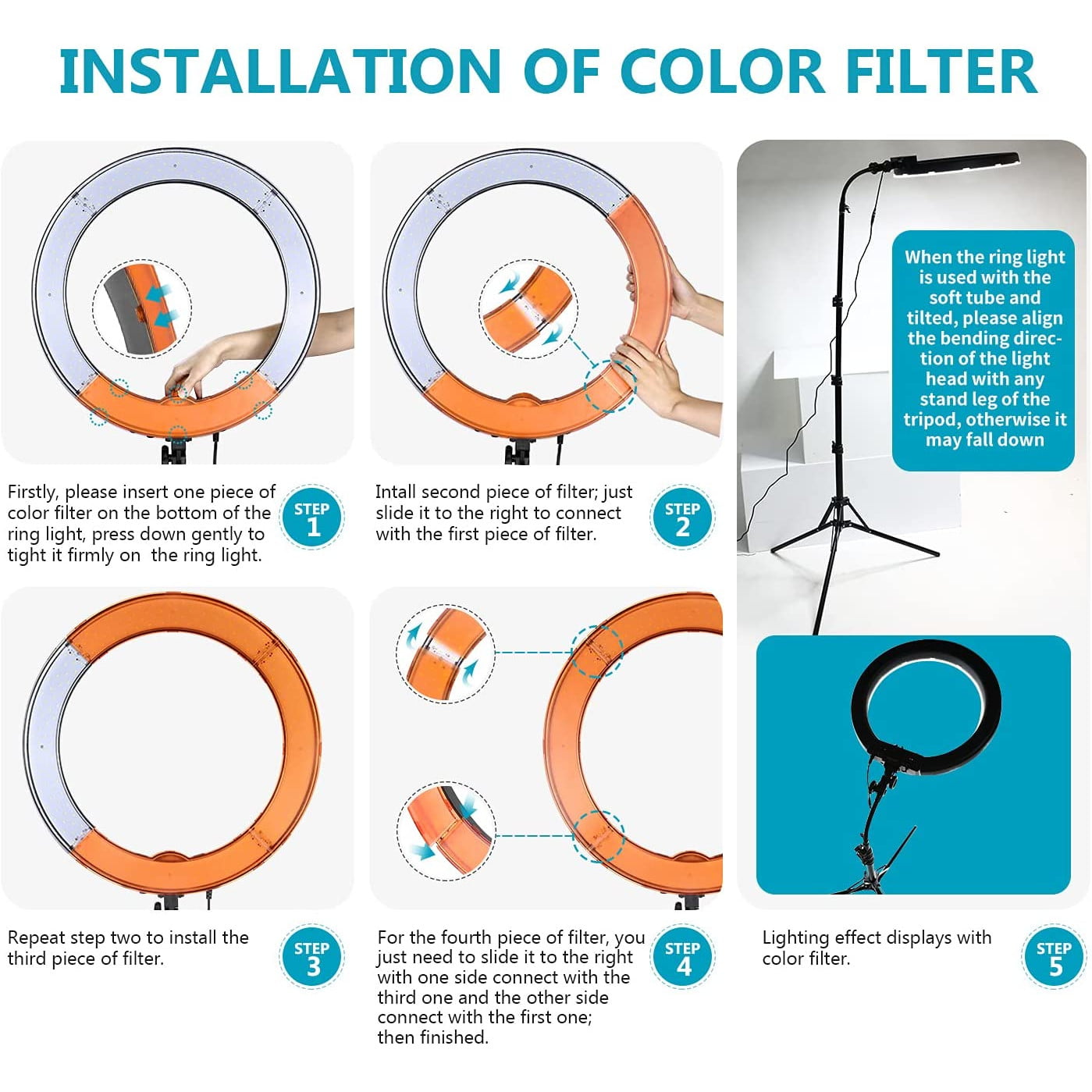 Set lampa circulara LED ring light 18 inch 55W 5500K, dimabil 1-100% cu trepied reglabil, filtre de culoare portocaliu si alb, suport telefon, adaptor cap trepied, telecomanda Bluetooth