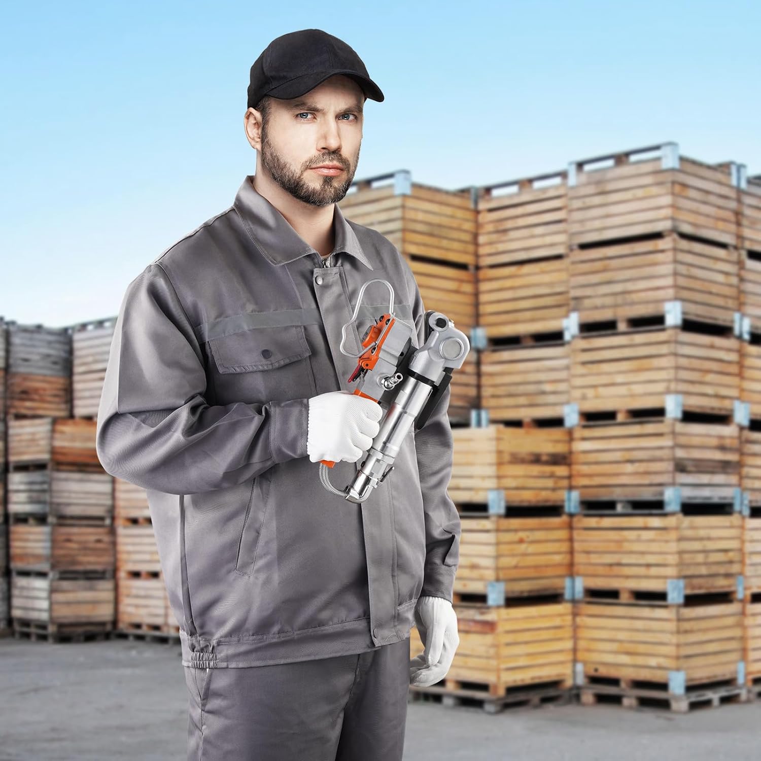 Aparat pneumatic de legat banda PP/PET, latime 12, 7-19 mm, forta mare intindere 3500N, presiune 0, 5-0, 8 MPa, pentru hartie, aluminiu, otel, lemn, fibre chimice, bumbac, panouri din lemn, marmura, caramizi