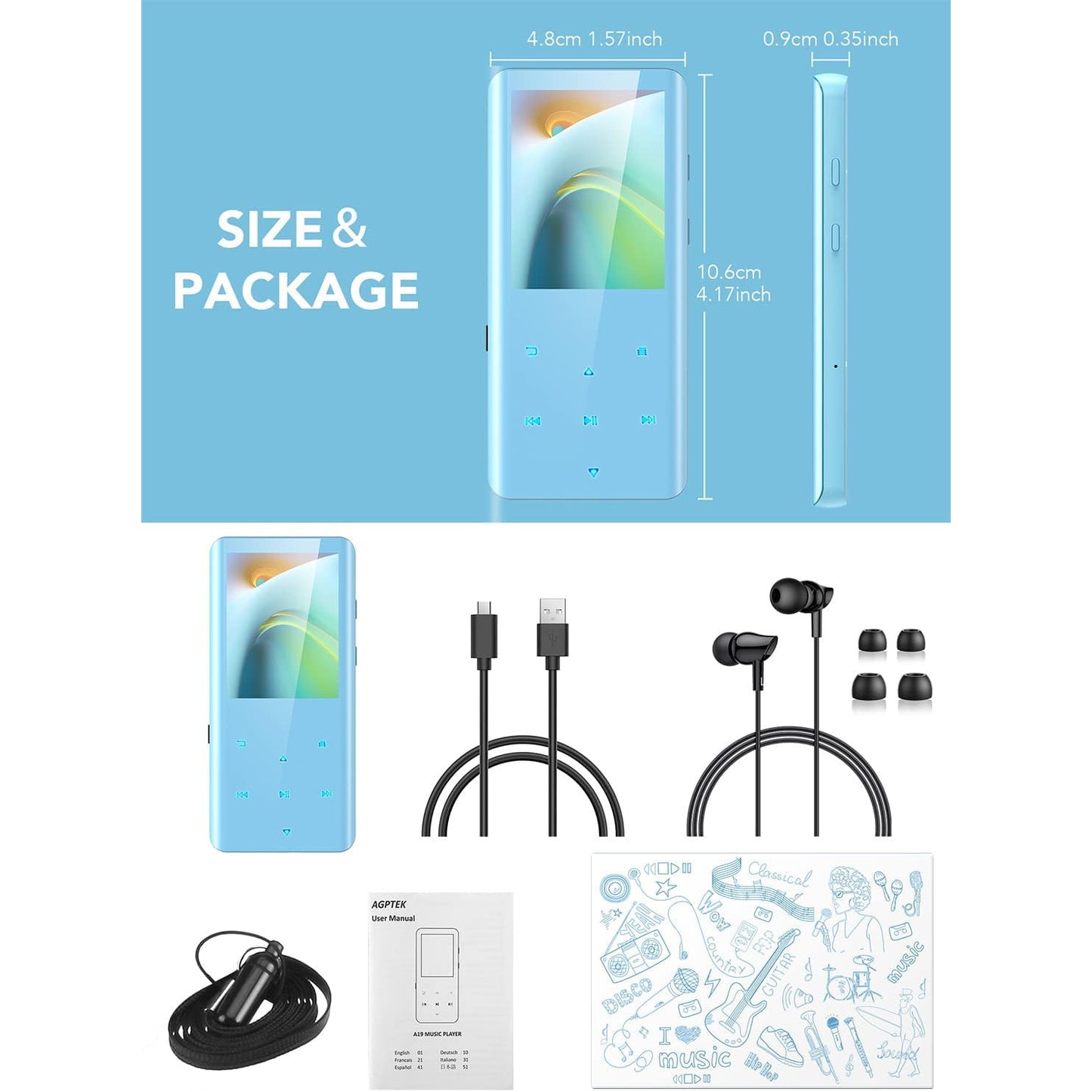MP3 Player 32 Gb cu Bluetooth 5.0, sunet HiFi, ecran curbat de 2.4 inch, butoane tactile, radio FM, inregistrare, cu difuzor, suporta card pana la 128 Gb, albastru
