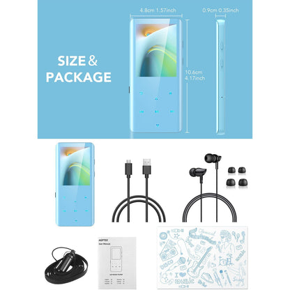 MP3 Player 32 Gb cu Bluetooth 5.0, sunet HiFi, ecran curbat de 2.4 inch, butoane tactile, radio FM, inregistrare, cu difuzor, suporta card pana la 128 Gb, albastru