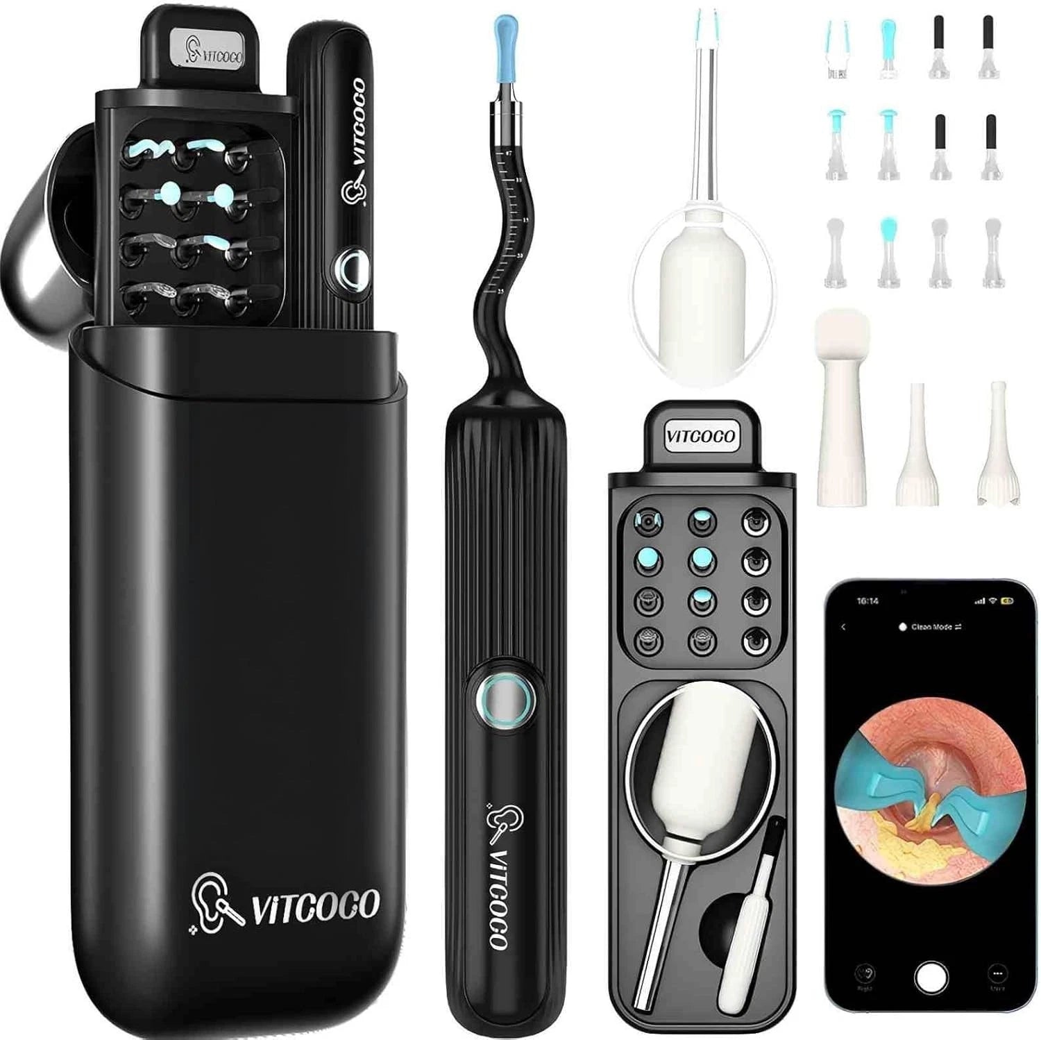 Otoscop pentru indepartare ceara urechi, camera 1080P HD, cu penseta, curatator de urechi flexibil IP67, 12 varfuri moi, 3 capete de inspectie, pentru adulti, copii si animale de companie